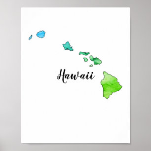 Affiche Carte de l'État d'Hawaii Aquarelle colorée