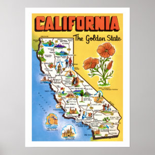 Affiche Carte de l'État doré de Californie 18x24