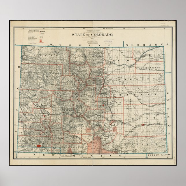 Affiche Carte de l'état du Colorado (Devant)