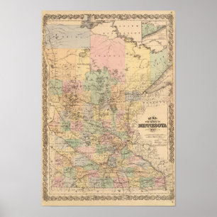 Affiche Carte de l'État du Minnesota, 1874