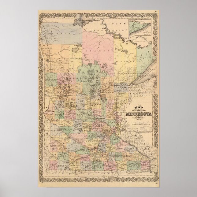 Affiche Carte de l'État du Minnesota, 1874 (Devant)