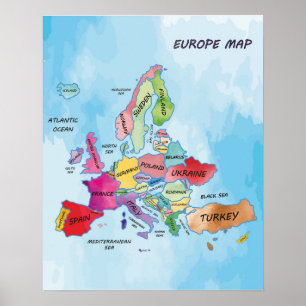 Affiche Carte de l'Europe illustrations couleur de l'eau