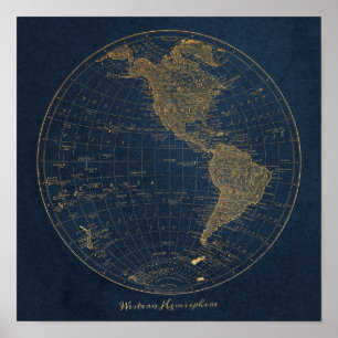 Affiche Carte de l'hémisphère occidental Vintage