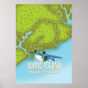 Affiche Carte de l'île Johns, Caroline du Sud, États-Unis.