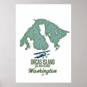 Affiche Carte de l'île Orcas, Washington, États-Unis