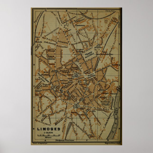 Affiche Carte de Limoges France vintage (1895) (Devant)