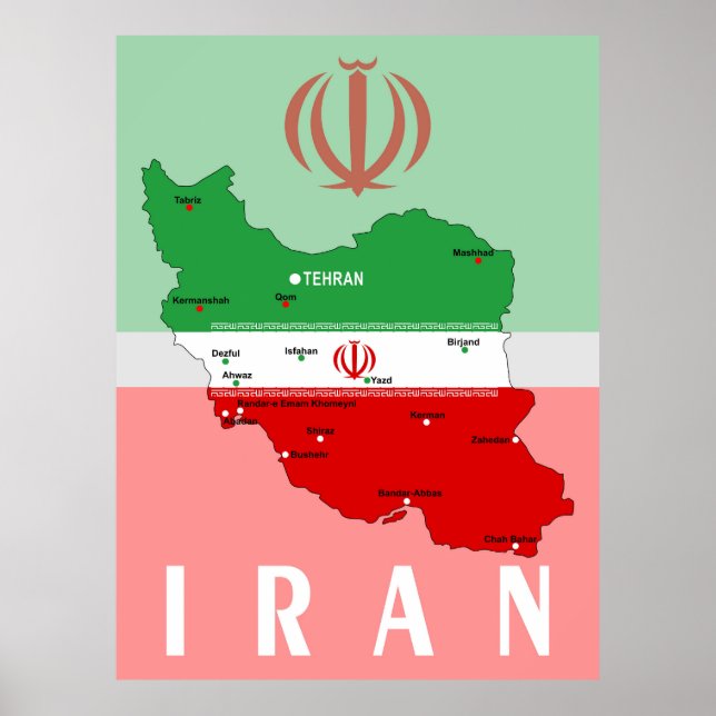 Affiche Carte de l'Iran avec drapeau et emblème (Devant)