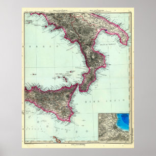 Affiche Carte de l'Italie du Sud et de Malte (1891)