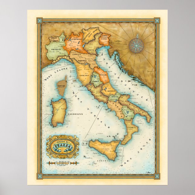 Affiche "Carte de l'Italie" "Mappa de Italia" (Devant)