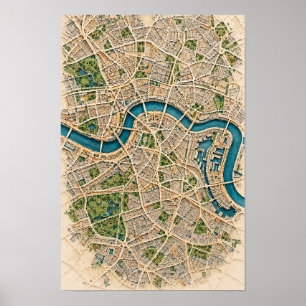 Affiche Carte de Londres sur le fleuve Tamise vue aérienne