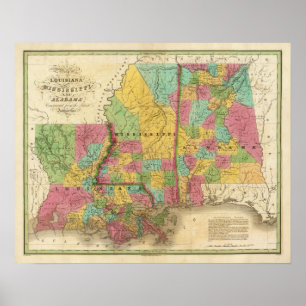Affiche Carte de Louisiane Mississippi Et Alabama