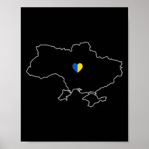 Affiche Carte de l'Ukraine avec un cœur en jaune bleu ukra