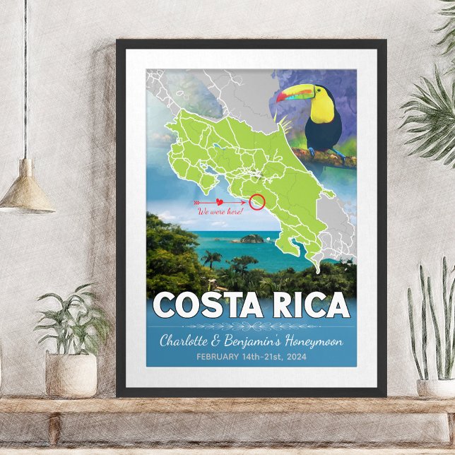 Affiche Carte de lune de miel romantique Costa Rica (Romantic Honeymoon Vacation To Costa Rica Map Poster - Sketch Mockup)