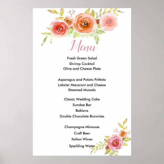 Affiche Carte de menu rose Mariage Floral Aquarelle (Devant)