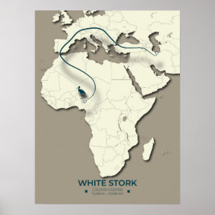 Affiche Carte de migration de la cigogne blanche - Vintage