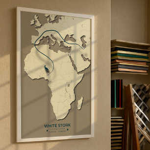 Affiche Carte de migration de la cigogne blanche - Vintage