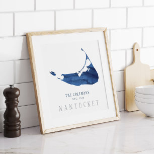 Affiche Carte de Nantucket à l'aquarelle bleue Famille éta