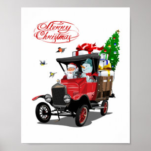 Affiche Carte de Noël avec dessin animé Père Noël`s truck