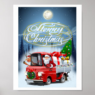 Affiche Carte de Noël avec le camion de Santa dessiné