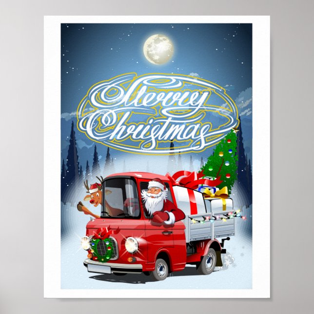 Affiche Carte de Noël avec le camion de Santa dessiné (Devant)
