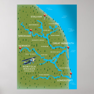 Affiche Carte de Norfolk Broads Angleterre.