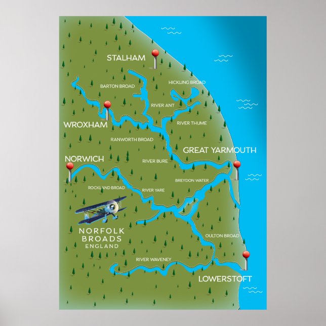 Affiche Carte de Norfolk Broads Angleterre. (Devant)