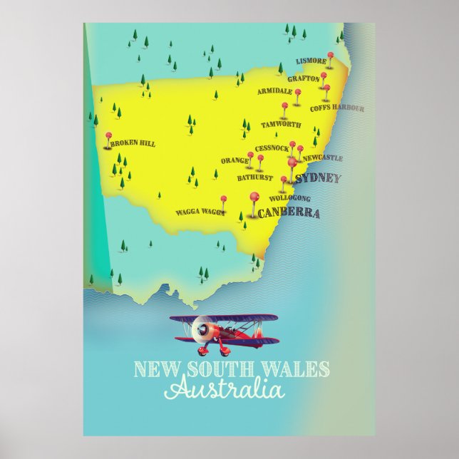 Affiche Carte de Nouvelle-Galles du Sud Australie (Devant)