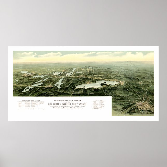 Affiche Carte de Oconomowoc et Waukesha Wisconsin en 1890 (Devant)