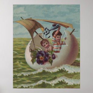 Affiche Carte de Pâques Antique OEufs de voile Enfants