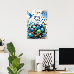 Affiche Carte de Pâques Lapin Nid Aquarelle Joyeuse