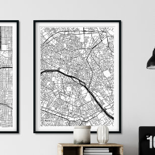 Affiche Carte de Paris, Carte moderne de la ville noire et