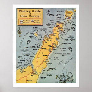 Affiche "Carte de pêche du comté de Door 16x20