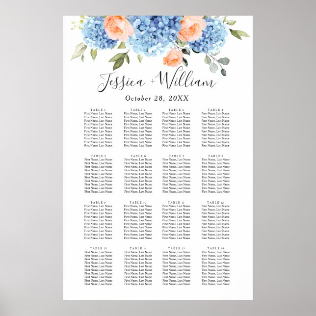Affiche Carte de placement de table Hydrangea Bleu Rose Bl (Devant)