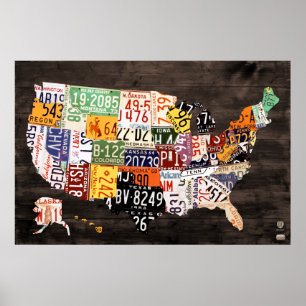 Affiche Carte de plaque minéralogique Des Etats-Unis -