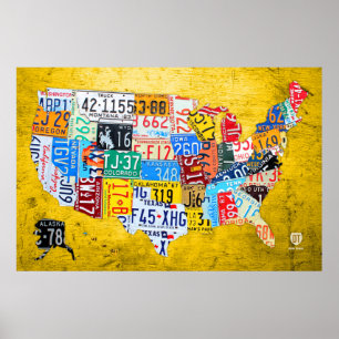 Affiche Carte de plaque minéralogique des Etats-Unis sur
