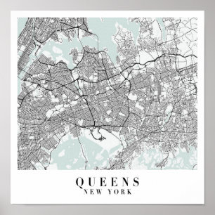 Affiche Carte de Queens New York Blue Water Street