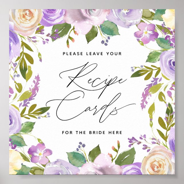 Affiche Carte de recette avec lettrage et fleurs violettes (Devant)