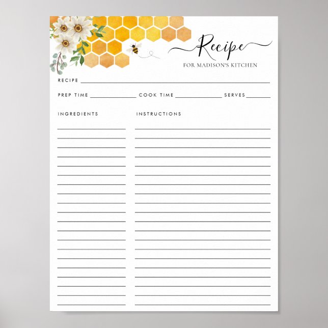 Affiche Carte de recette de cuisine abeille à miel en nid  (Devant)