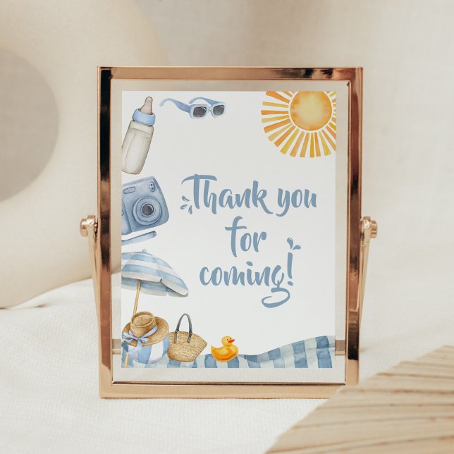 Affiche Carte de remerciements de Baby shower d'été de Blu (Boy Splish Splash Baby Shower Thank you for Coming Sign)