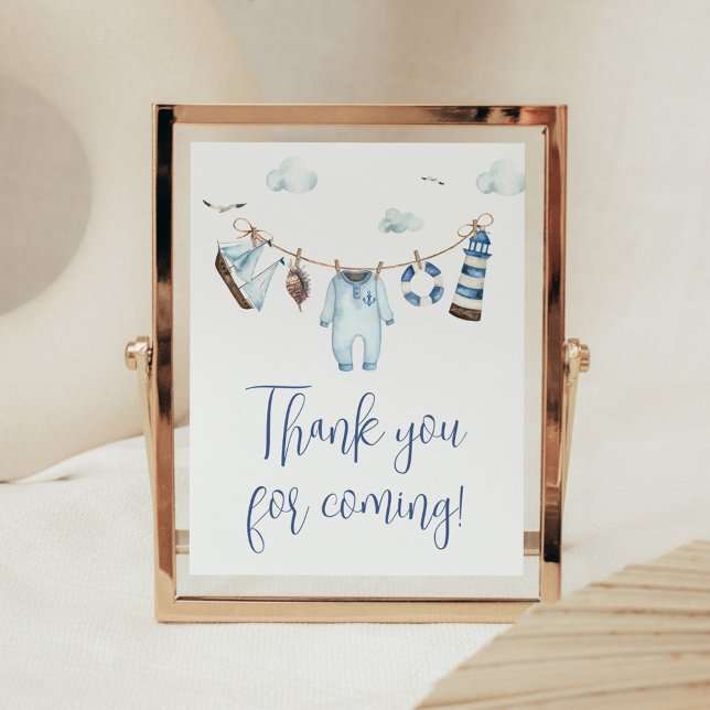 Affiche Carte de remerciements de Baby shower Nautical Aho (Nautical Sailor Ahoy Baby Shower Thank you for Coming Sign)