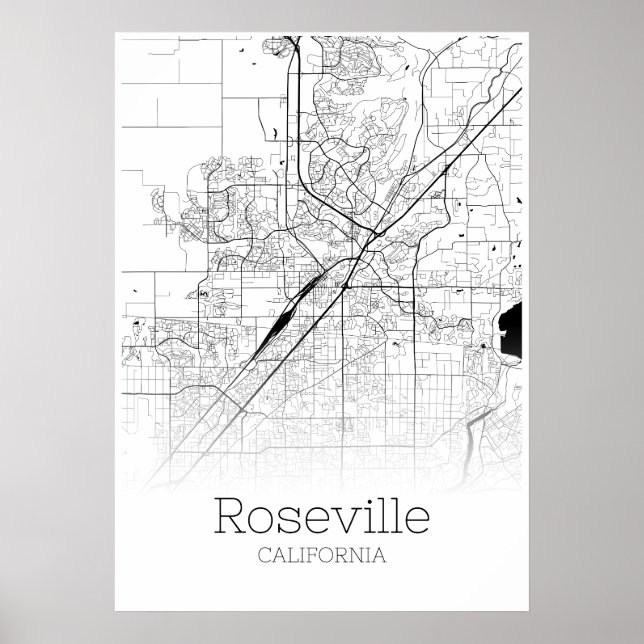 Affiche Carte de Roseville - Californie - Carte de ville P (Devant)