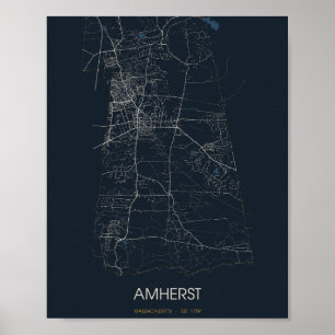 Affiche Carte de rue d'Amherst Massachusetts (Nuit)