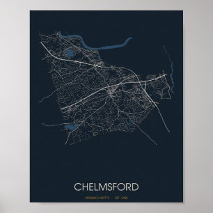 Affiche Carte de rue de Chelmsford Massachusetts (Nuit)