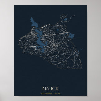 Affiche Carte de rue de Natick Massachusetts (Nuit)