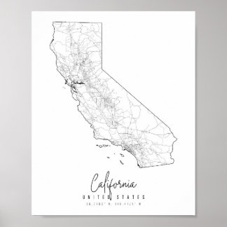 Affiche Carte de rue minimale de Californie