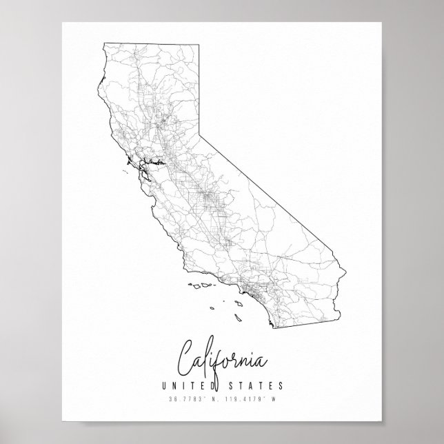 Affiche Carte de rue minimale de Californie (Devant)