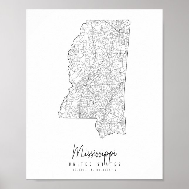 Affiche Carte de rue minimale du Mississippi (Devant)