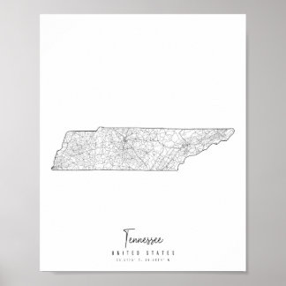 Affiche Carte de rue minimale du Tennessee