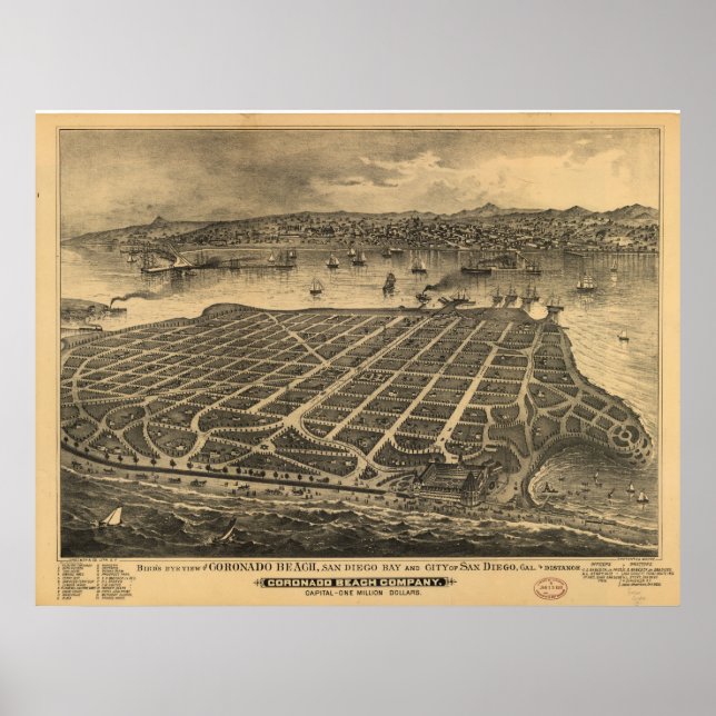 Affiche Carte de San Diego, Vue Oiseaux-Oeil du Coronado,  (Devant)