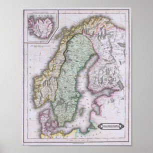 Affiche Carte de Scandinavie, Norvège, Suède, Finlande, et